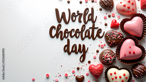 Elegant world chocolate day composition with heart-shaped chocolates and decorations