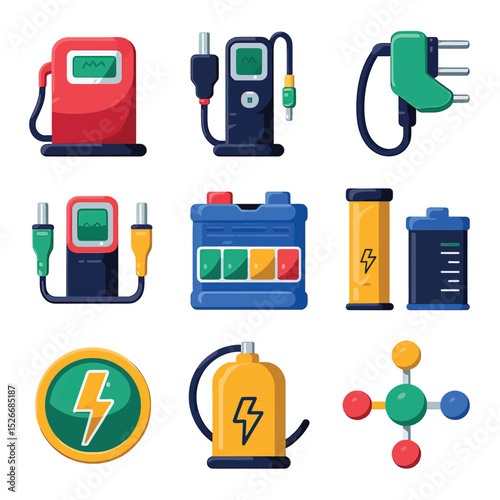 vector icons to vehicle fueling and charging a gasoline pump, an electric vehicle plug hydrogen mole