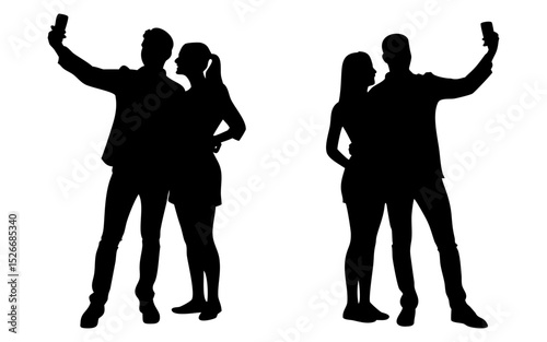 Couple taking selfie full black silhouette vector illustration design