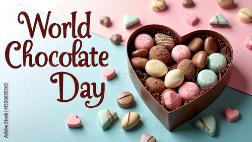 Delicious chocolate pralines assortment displayed in heart box for world chocolate day