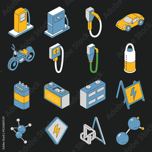 vector icons to vehicle fueling and charging a gasoline pump, an electric vehicle plug hydrogen mole