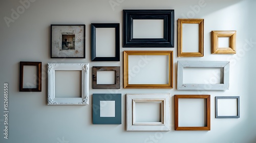 Gallery wall with empty photo frames in various sizes