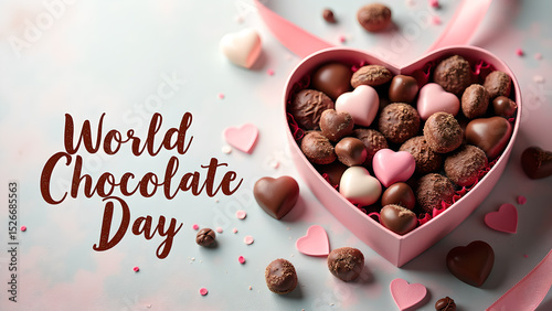 Heart shaped box overflowing with chocolates for World Chocolate Day celebration