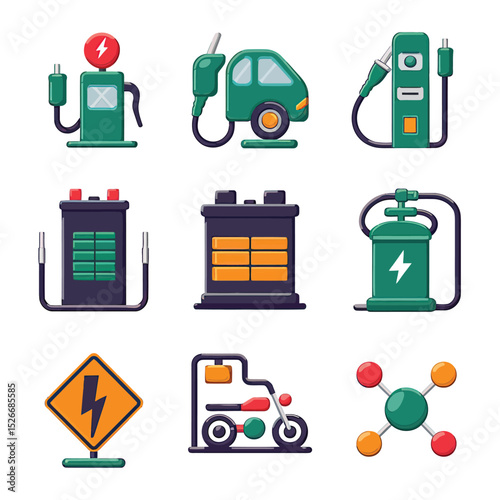 vector icons to vehicle fueling and charging a gasoline pump, an electric vehicle plug hydrogen mole