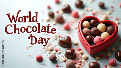 Celebratory World Chocolate Day display featuring assorted chocolates and a heart box