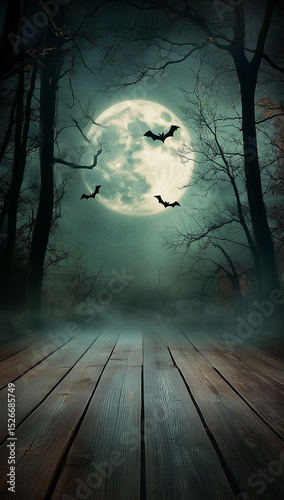 Halloween background in a creepy forest with an empty wooden stage
