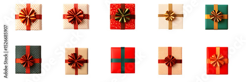 Christmas rectangle luxury gift present top down view, cutout isolated on transparent background. png