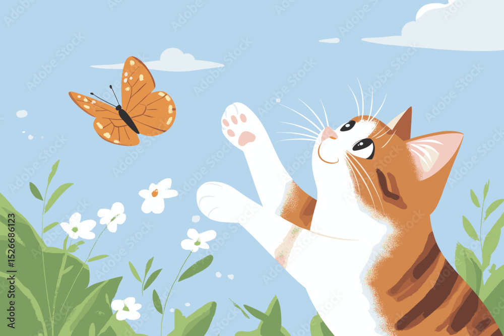 Fototapeta premium Cute cat reaching for a butterfly in a colorful garden