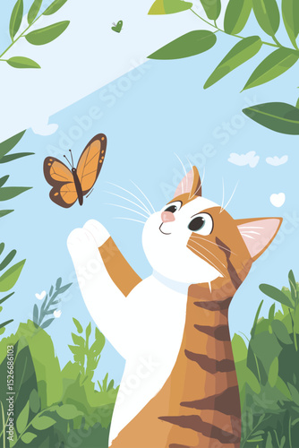 Cute cat reaching for a butterfly in a colorful garden