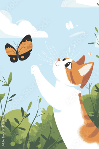 Cute cat reaching for a butterfly in a colorful garden
