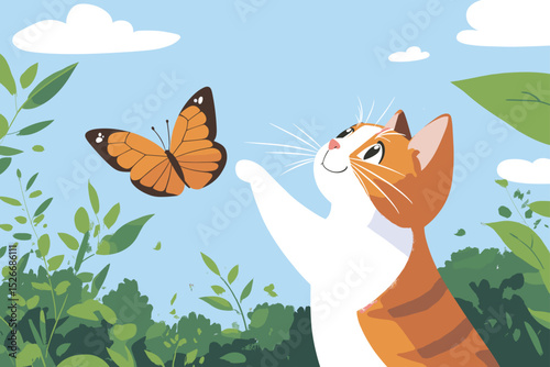 Cute cat reaching for a butterfly in a colorful garden
