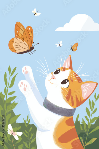 Cute cat reaching for a butterfly in a colorful garden