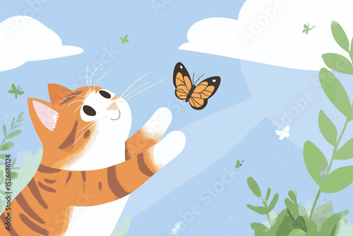 Cute cat reaching for a butterfly in a colorful garden