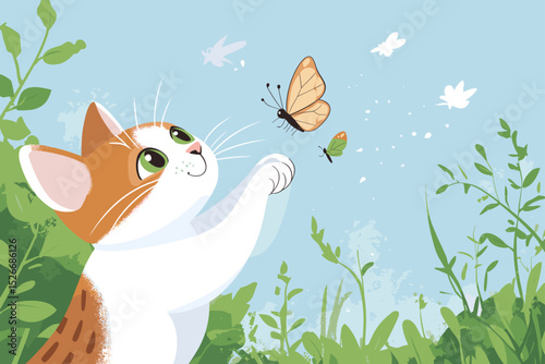 Cute cat reaching for a butterfly in a colorful garden