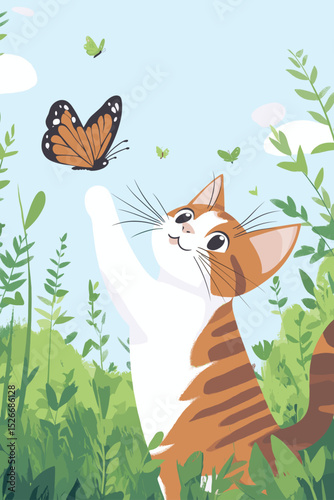 Cute cat reaching for a butterfly in a colorful garden
