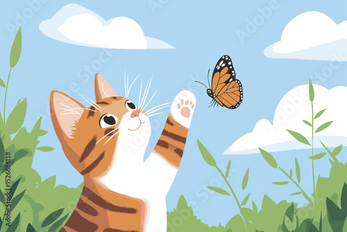 Cute cat reaching for a butterfly in a colorful garden