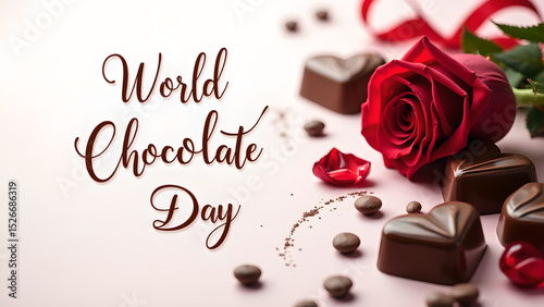 Elegant world chocolate day celebration with red rose and heart shaped chocolate