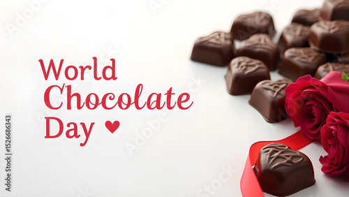 Celebration of World Chocolate Day with dark chocolates and red roses decoration
