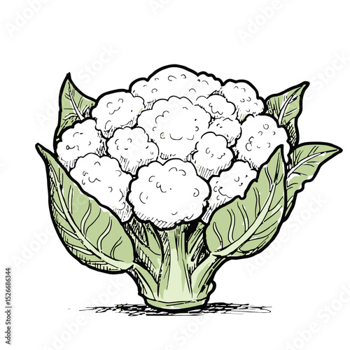 Fresh cauliflower illustration with green leaves on a white background  