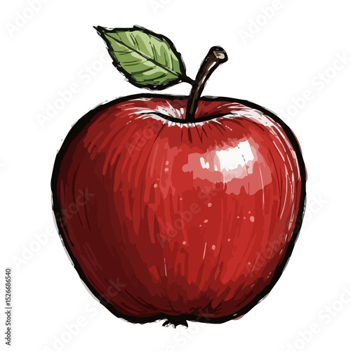 Red apple with a green leaf isolated on white background  