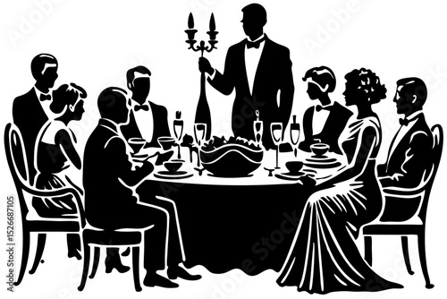 A silhouette of a formal dinner scene with people seated at a table and waitstaff serving