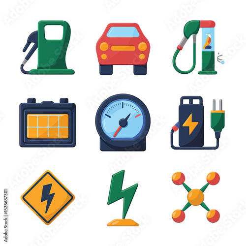 vector icons to vehicle fueling and charging a gasoline pump, an electric vehicle plug hydrogen mole