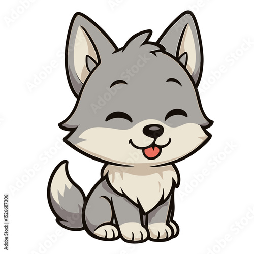 A charming gray wolf pup sits happily in a cartoon style