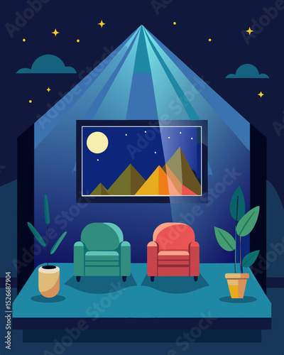 The villas cozy living room converted into a mini cinema for the freelancer to take a break and watch a movie on the large screen.. Vector illustration