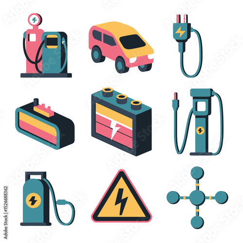 vector icons to vehicle fueling and charging a gasoline pump, an electric vehicle plug hydrogen mole