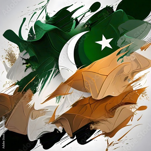 An abstract painterly representation of the pakistani flag with its green white and star and crescent elements flowing dynamically amidst brushstrokes of brown and white