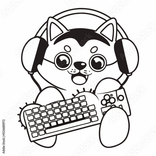 Vector cute shiba inu Gamer Holding Keyboard With Headphone
