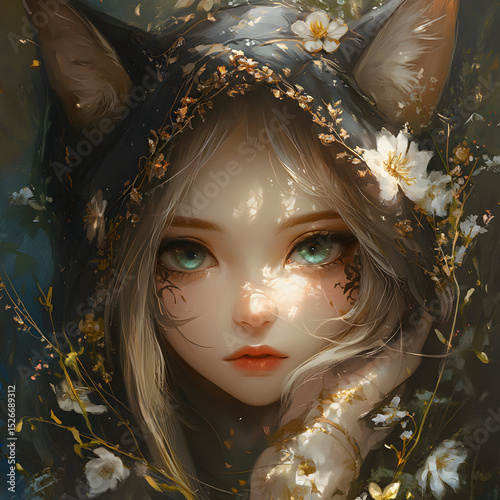 Mystical feline humanlike girl with cat ears