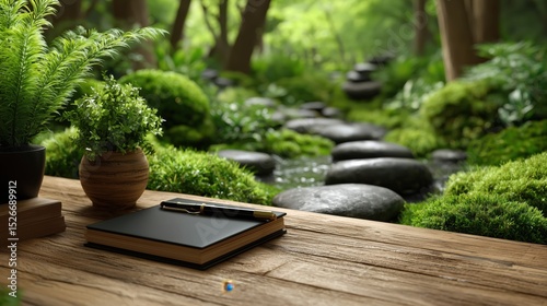 Wooden desk with a notebook and plants overlooking a tranquil forest stream