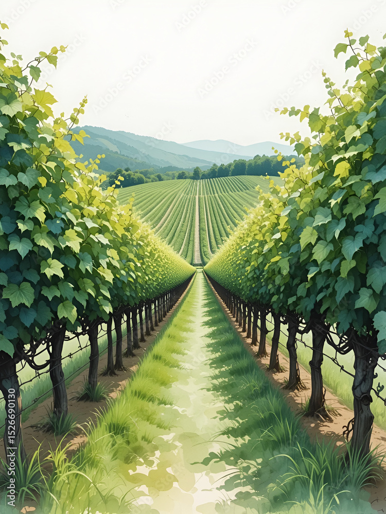 Naklejka premium A watercolor depiction of a vineyard, with varying shades of green representing the rows of grapevines stretching into the distance.