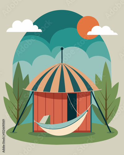 Outside the yurt a hammock sways gently in the breeze offering a relaxing spot for a midday break or evening meditation.. Vector illustration