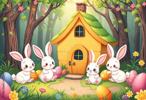 Cute cartoon Easter bunnies frolicking around a whimsical forest house,  bunny,  wildlife
