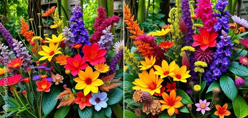 Two vibrant botanical cards featuring a colorful forest bouquet,  foliage,  summer