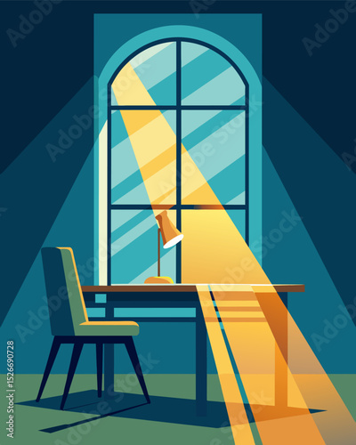 Sunlight streams in through the large windows casting a warm glow on the comfortable work desk and chair.. Vector illustration
