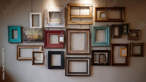 Gallery wall with empty photo frames in various sizes
