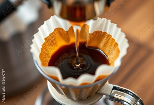 Close-up of drip coffee bag brewing in a pour-over device with water slowly dripping,  brewing instructions,  easy coffee