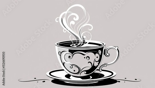Elegant black and white coffee cup illustration, swirling steam, decorative flourishes, stylish, minimal