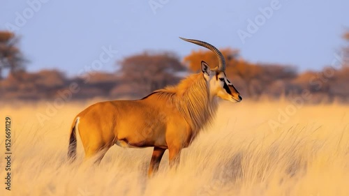 Roan Antelope in Savanna: A regal roan antelope stands proudly in a sun-kissed savanna, its magnificent horns and striking coat silhouetted against the serene backdrop.