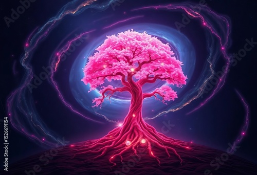 Cosmic sphere swirls around a vibrant pink, glowing tree with ethereal roots,  cosmic art,  enchanting