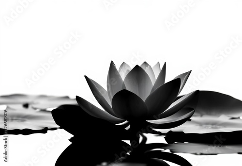 Elegant black and white water lily silhouette in a circular frame, elegant, pond