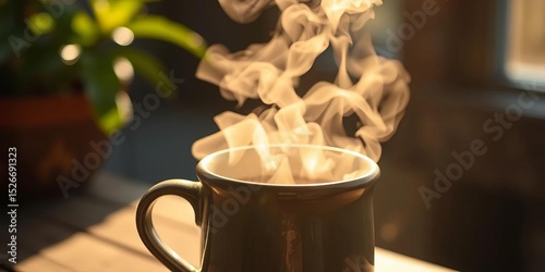 Steaming coffee in a rustic mug, sunlit morning, breakfast, steam