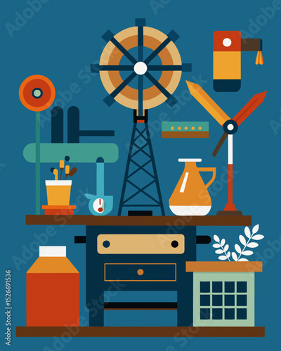 The freelancers desk is tered with vintage tools and artifacts found within the windmill serving as a reminder of the ingenuity and resourcefulness of past generations.. Vector illustration