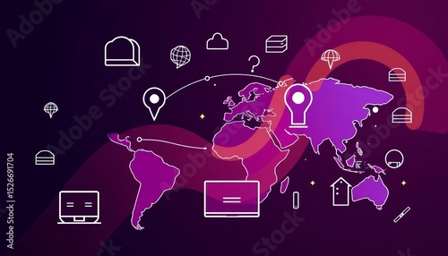 Flat color line art icon depicting international business communication,  global,  office