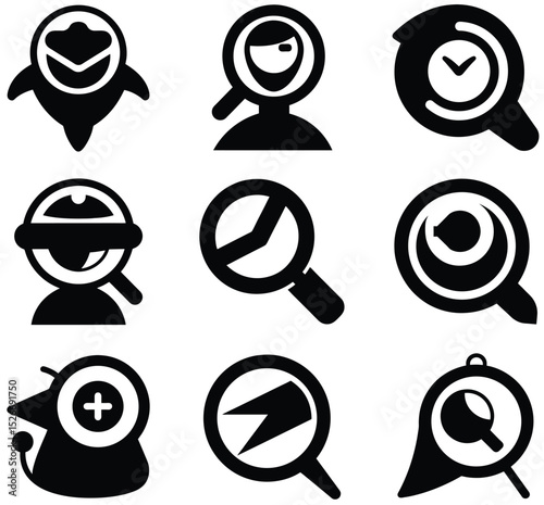 Set of Black and White Abstract Technology Icons with Magnifying Glasses