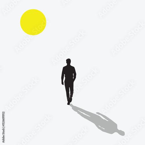 A solitary silhouette of a man walking forward, casting a long shadow, under a bright yellow sun on a minimalist white background