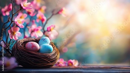 Easter Eggs Nest Amidst Blossoms, Springtime Celebration, Easter Holiday Eggs, Joyful Seasonal Event